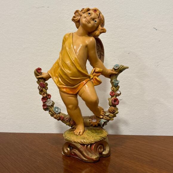 Vintage Cherub Angel Figurine with Floral Garland Italian Made Holiday Decor - Picture 1 of 9